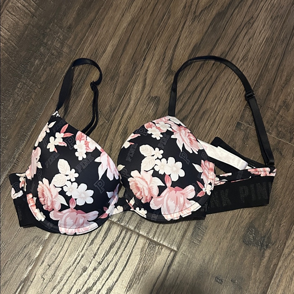 PINK Victoria's Secret Black and Pink Floral push up Bra
